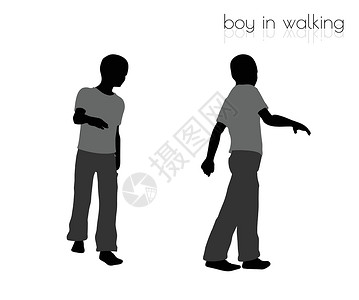 跺脚男孩在白色背景下行走姿势流浪汉孩子阴影剪影男生插图男性远足口号黑色设计图片