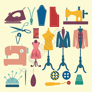 裁缝工具时装工业和缝缝合图标设计图片