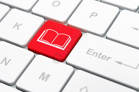 书红色尾巴计算机键盘背景上的学习概念书文学训练钥匙网络红色3d按钮练习白色课程背景