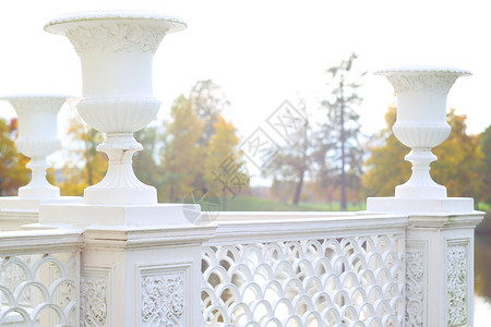 俄罗斯 彼得霍夫公园雕像地标红色花园风格雕塑黄色花瓶背景图片