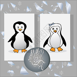插图矢量企鹅 动物企鹅一套团体围巾漫画季节野生动物卡通片帽子问候语荒野冻结背景图片
