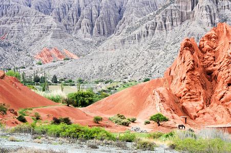 Purmamarca七色山丘红色地质学树木绿色蓝色世界遗产沙漠岩石土地爬坡背景图片