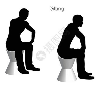 不动男子坐在白色背景的坐姿男性剪影冒充姿势插图黑色阴影插画