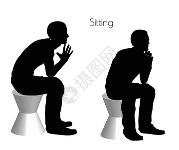 不动男子坐在白色背景的坐姿男性冒充阴影姿势黑色剪影插图插画