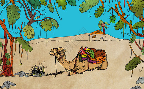 热带森林 有植物 鸟类和骆驼睡眠卡通片丝网插图印刷背景图片