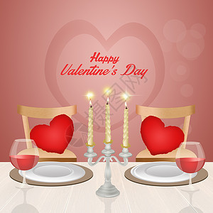 情人节的浪漫晚宴桌子插图周年纪念日服务奢华盘子餐厅午餐眼镜背景图片