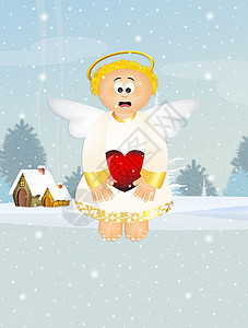 带雪花的天使快乐季节明信片合唱翅膀插图背景图片