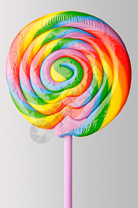 圆形棒棒棒糖与多彩彩彩虹旋转螺旋圆形小吃糖果漩涡童年条纹笨蛋食物白色背景图片