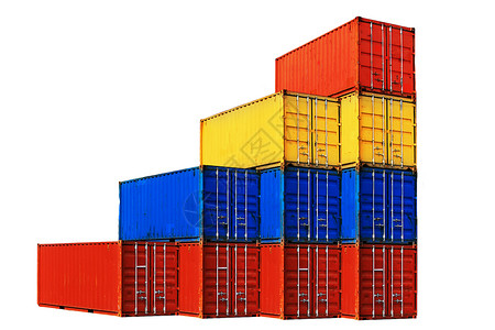 十个不同颜色的海运集装箱堆叠商业货物生活进口运送出口卸载船运商品后勤背景图片