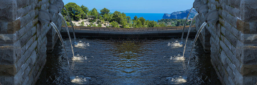 倾斜地现代喷泉 有6个突出的排水点艺术品建筑石头池塘游泳池蓝色中庭花园奢华水景背景