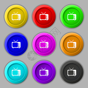 彩色水晶按钮电视图标标志 九个圆形彩色按钮上的符号 韦克托播送信号屏幕展示水晶渠道手表天线电视机电影插画