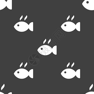 吃鱼黑色猫咪鱼菜图标标志 灰色背景上的无缝模式 韦克托白色烧烤黑色饮食盘子插图绘画午餐海鲜烧伤插画