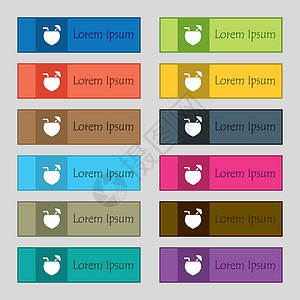 苹果12pro椰子鸡尾酒图标符号 为网站设置了12个矩形 彩色 美丽 优质的按钮 矢量插画