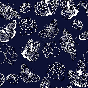 深蓝色背景上的蝴蝶和玫瑰图案背景图片