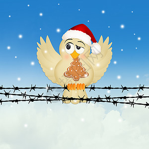 带圣诞饼干的鸟麻雀庆典翅膀明信片金属插图动物问候语背景图片