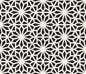 稠密的矢量无缝黑白几何六边形线条图案条纹长方形网格对角线马赛克织物星星墙纸打印纺织品插画
