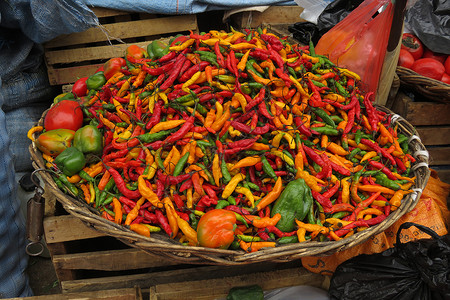克丘亚语玻利维亚苏克雷新红 绿和黄红辣椒拉丁烹饪蔬菜花园农民蔗糖市场农场辣椒胡椒背景