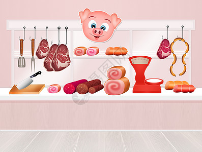 屠夫的店铺牛扒食物围裙职业火腿香肠插图背景图片