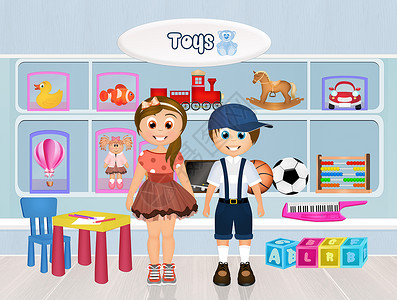 玩具店卡通片展示生日男生零售孩子们乐趣娃娃店铺插图背景图片