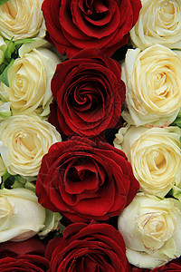 婚礼安排中的红玫瑰和白玫瑰婚姻植物群中心花店装饰品绿色团体花束白色花朵背景图片