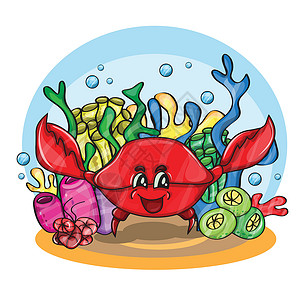 结球白菜海洋中快乐的螃蟹艺术热带野生动物圆圈生物小龙虾孩子们癌症墙纸卷曲插画
