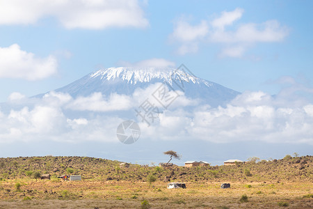 乞力马扎罗俯视非洲草原国家冰川风景旅行顶峰衬套荒野火山岩石房子背景