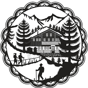 通常是瑞士人剪纸花环场景房子插图松树远足者艺术品小木屋奶牛远足插画