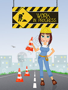 工作进展中的工作锥体三角形风险建造标志建筑工人服务工具插图背景图片
