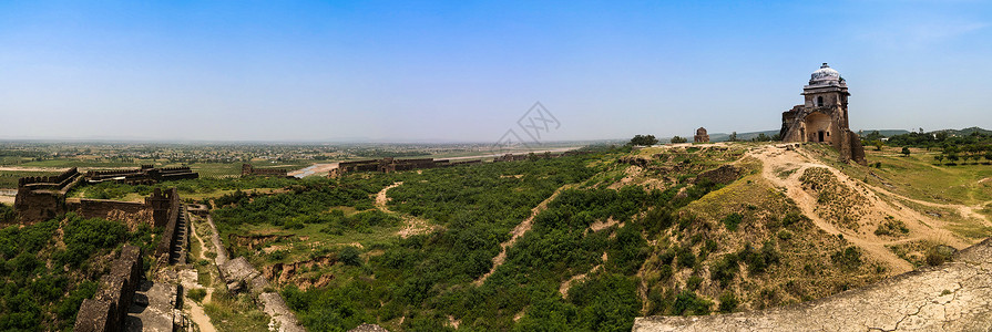 旁遮普巴基斯坦的罗塔斯堡垒全景白色建筑学遗产石头历史性艺术岩石城堡驻军地标背景