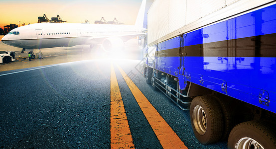 蓝色的卡车矢量图集装箱卡车和进口船舶 出口港港口及货运港口蓝色船运物流码头空气贸易起重机土地加载飞机场背景