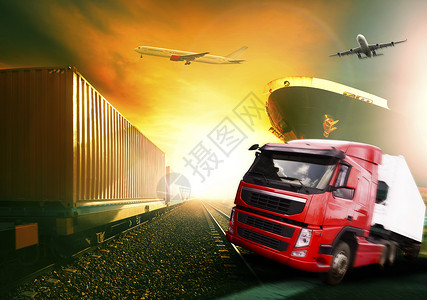 运输工业物流业中的火车和船只的卡车机车列车和轮船背景图片