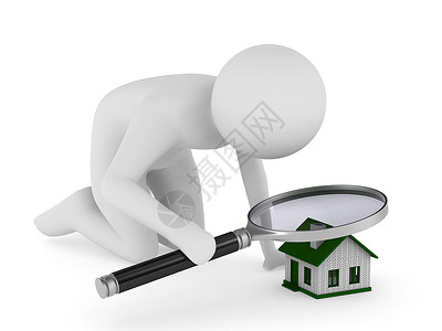 白色背景上带有放大镜的男子 孤立的 3D 图像侦探研究员建筑男人插图审查房地产学习房子监视背景图片