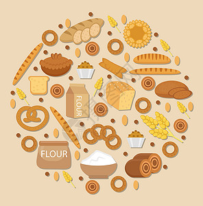 烤制品面包制品图标 以白色背景上隔开的不同面包和糕点的圆形 平板样式 设置 Flour 矢量图示收藏贴纸粮食插图烘烤早餐饼干小麦食物面插画