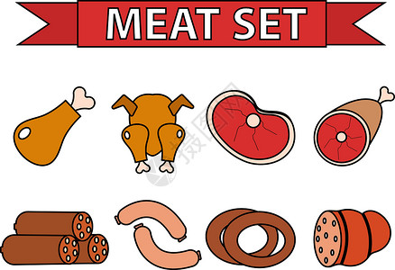 肉类产品肉类和香肠图标组 现代线条风格 白色背景 产品 食物 矢量插图上新隔绝的新鲜食品插画