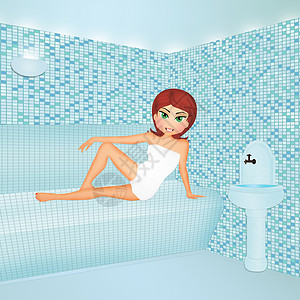 女孩洗蒸汽浴洗澡马赛克温泉桑拿插图蒸气浴护理治疗美容院瓷砖背景图片