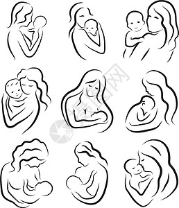 手绘母亲和宝宝设置剪影素描母亲和抱着一个婴儿 母乳喂养符号标志 手绘线描 它制作图案矢量设计图片