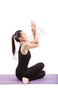 瑜伽导师在瑜伽中坐着身穿黑衣服的亚裔妇女肖像平衡温泉讲师冥想房间导师专家沉思套装女士背景