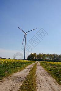 亮蓝天空移动和风力涡轮机白色工业发电机创新绿色风车蓝色植物活力技术背景图片