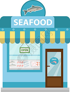 海鲜店建筑展示矢量图标平面样式 在白色背景隔绝的鱼市场 海产品商店背景图片
