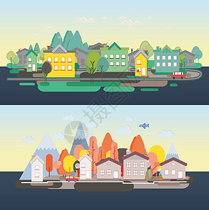 全景房子素材平面设计自然景观太阳环境天空日出建筑热带假期旅游明信片橙子插画