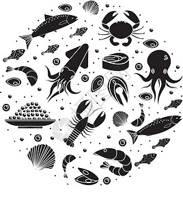 圆形菜单海鲜图标设置在圆形剪影 孤立在白色背景上的海鲜集合 鱼产品海洋膳食设计元素 矢量图插画
