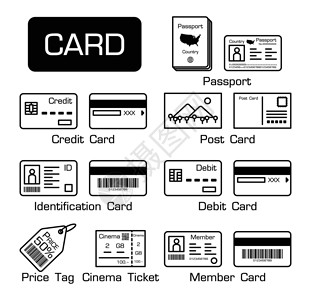 一套电子卡和其他卡片价格代码借方酒吧金融商业信用智能芯片取款机插画