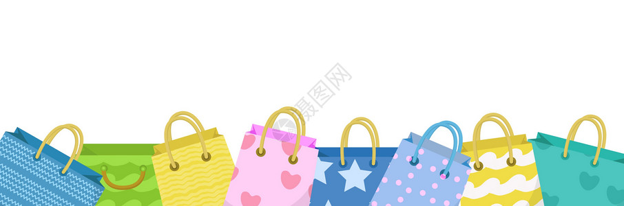 空袋子可爱的购物袋横幅 与不同的设计板的五颜六色的袋子 文本的纸张空间 礼包 它制作图案矢量插画