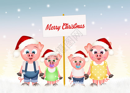 圣诞节家庭插图猪庆祝圣诞节背景