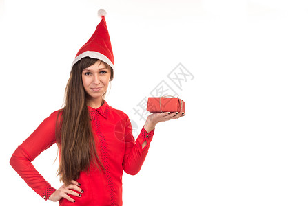 穿红浴帽的长头发女人 拿着红礼盒背景图片