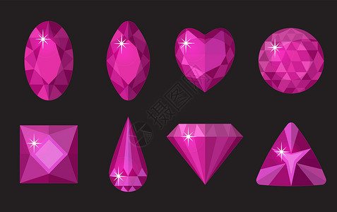 珠宝矢量图粉色宝石套装 珠宝首饰 黑色背景上孤立的水晶系列 不同形状的宝石 切割 五颜六色的宝石 逼真的卡通风格 矢量图插画