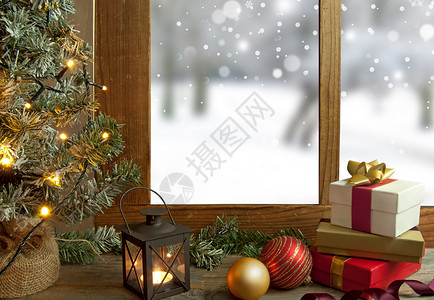 有窗的树圣诞窗窗背景玩意儿窗户问候下雪礼物乡村背景