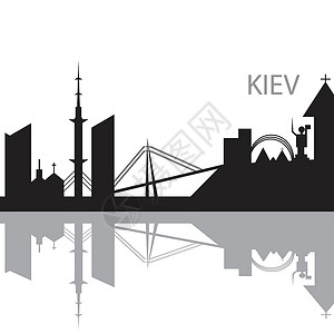基辅市天际线黑色和白色 silhouett市中心房子雕像插图橙子城市全景纪念馆摩天大楼建筑学插画