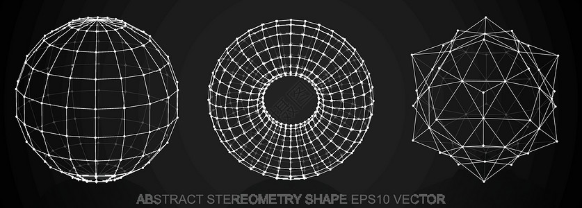 一组抽象立体测量形状 速写球体 环面 八面体 手绘 3D 多边形对象 EPS 10 矢量圆环节点艺术戒指插图绘画创造力网格三角形设计图片