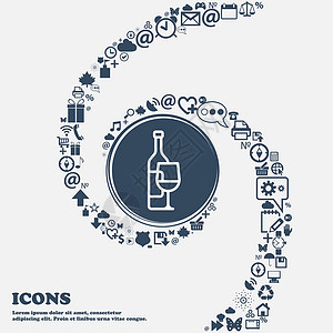 勃艮第葡萄酒中间的酒瓶和酒杯图标 周围有许多美丽的符号扭曲成螺旋状 您可以将每个单独用于您的设计 向量插画